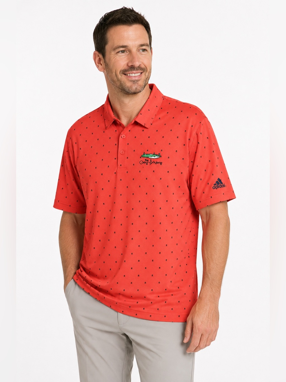 Adidas Coeur d'Alene Resort Men's XL Coral Palm Tree Primegreen Golf Polo Shirt